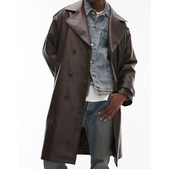 Topman Brown Faux Leather Trench Coat Men’s Large
